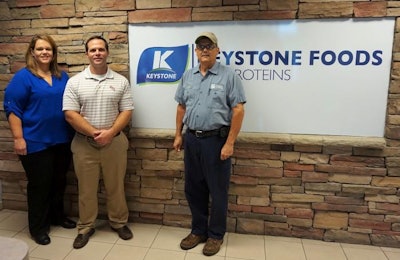 Carla Prince, a safety manager with Keystone Foods, left, Matt Jolliff, a plant manager with Keystone Foods, center, and Steve Smith, O’Brien and Gere's on-site operations supervisor, play pivotal roles in Keystone's Gasden facility. Photo by John Pierson.