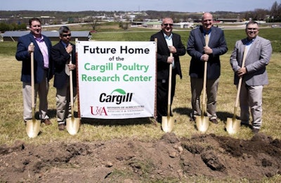 The University of Arkansas Division of Agriculture broke ground April 19, 2018, on the Cargill Poultry Research Center. From left are Shane Acosta, general manager, Cargill Springdale turkey complex; Brian Wooming, Cargill turkey veterinarian; Tim Alsup, Springdale agricultural manager; Tim Maupin, vice president, Agricultural Operations; and Gerald Duncan, Cargill Springdale agricultural advisor. | Fred Miller, UA Division of Agriculture