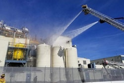 Firefighters extinguish a blaze at the Mountaire Farms poultry plant in Selbyville, Delaware, on April 23. Operations at the plant were temporarily halted, but the facility returned to regular production on April 25. | Photo courtesy of Selbyville Volunteer Fire Company