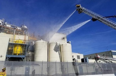 Firefighters extinguish a blaze at the Mountaire Farms poultry plant in Selbyville, Delaware, on April 23. Operations at the plant were temporarily halted, but the facility returned to regular production on April 25. | Photo courtesy of Selbyville Volunteer Fire Company