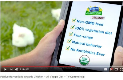 The National Advertising Division is recommending Perdue Farms remove or adjust television and YouTube ads for its Perdue Harvestland Organic brand. NAD states it feels the ads could mislead consumers into thinking all Perdue chicken is raised using organic methods. | Screenshot from YouTube