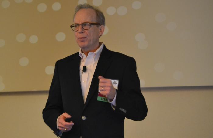 Mark Gale of Charleston|Orwig, speaking at the 2018 Animal Agriculture Alliance Stakeholders Summit, shared survey results that revealed most consumers have reservations about eating laboratory-grown meat. | Roy Graber