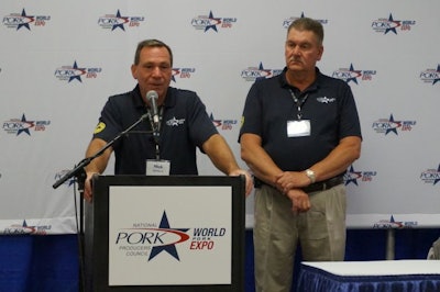 Jim Heimerl, president of the National Pork Producers Council (NPPC) and Nick Giordano, NPPC vice president and counsel, global government affairs, talk about recent tariff changes and exports at the 2018 World Pork Expo in Des Moines, Iowa. | Deven King