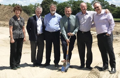 Ground is broken on the site of Maple Lodge Farms' Curtis Chicks Hatchery. Pictured, from left, are: Port Hope Hatchery General Manager Dr. Rachel Ockama, Port Hope Mayor Bob Sanderson, Operation Coordinator Michael Haalstra, Directory of Hatchery Operations Glen Taschuck, Maple Loge Farms CEO Michael Burrows and Maple Lodge Farms Chief Financial Officer Bruce Tavender. | Photo courtesy of Jamesway