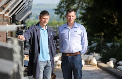 Moy Park is celebrating the milestone of producing 6 million birds per week. Pictured are Moy Park grower Mark Singleton and Shane McDonald, Moy Park free-range farm compliance manager. | Photo courtesy of Moy Park