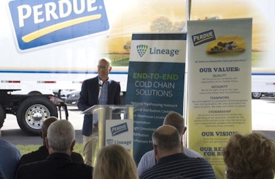 Mark McKay, president of Perdue Premium Poultry and Meats, speaks at the official opening of Perdue’s new Southeast Distribution Center in Rincon, Georgia, on September 5. | Photo courtesy of Perdue Farms