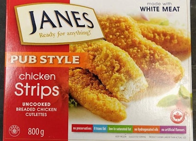 Sofina Foods’ Janes Pub Style Chicken Strips – Uncooked Breaded Chicken Cutlettes, which were distributed across Canada, are being recalled over a possible link to a Salmonella outbreak. | Photo courtesy of CFIA