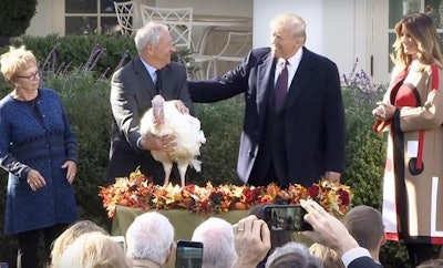 Marcia Sveen and Jeff Sveen present Peas, the National Thanksgiving Turkey, to President Donald Trump and First Lady Melania Trump. | Photo courtesy of the National Turkey Federation