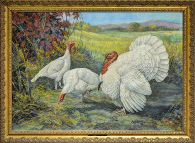 A print of White Holland Turkeys by A.O. Schilling, part of WATT Global Media's Historic Breeds Collection, is one of three framed prints being donated to the National Poultry & Food Distributors Association for its annual scholarship auction. (WATT Global Media)