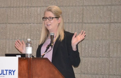 Leigh Ann Johnston, Tyson Foods sustainability manager, discusses the company's sustainability initiative at the 2019 International Production & Processing Expo. (Roy Graber)
