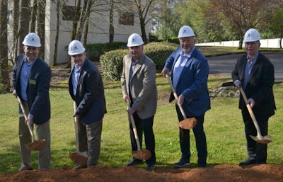 From left: Jim Cooper, director of operations, Cooper & Company General Contractors; John Starkey, president of USPOULTRY; John Prestage, senior vice president of Prestage Farms and USPOULTRY chairman; Jim Sumner, president of USAPEEC; and Eric Joiner, vice chairman of the AJC Group board of directors and past USAPEEC chairman, participating in “The Coop Group, LLC” groundbreaking ceremony. (USPOULTRY)