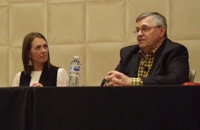 Broiler farmer Lauren Arbogast, left, and turkey farmer Don Steen discuss their experiences with transparency in poultry production at the 2019 Annual Meat Conference. (Roy Graber)