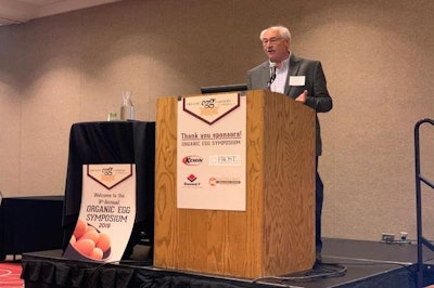 Eric Gingerich, DVM, Diamond V technical services specialist, speaks during the 2019 Midwest Poultry Federation Convention. (Deven King)