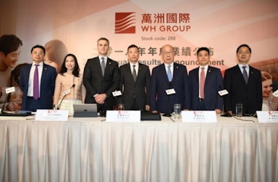 WH Group executives gather for the announcement of the company’s financial results of fiscal year 2018. Pictured, from left, are: Luis Chein, Joanna Yan, Glenn T. Nunziata, Guo Lijun, Wan Long, Ma Xiangjie and Liu Songtao. (WH Group)