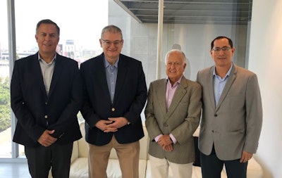 From left, Ulises Quevedo, CEO of Rocio Group; Ivan Lauandos, president of Aviagen Latin America; Rafael Quevedo, Rocio Group founder; and Cesar Muro, general manager, Aviagen Peru, celebrate the new Aviagen Peru joint venture. (Aviagen)
