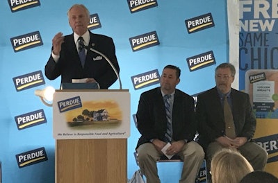 South Carolina Gov. Henry McMaster speaks at the Tuesday celebration for Perdue Farms’ $25 million expansion of its operations in Dillon. Seated are Perdue's Randy Brown, director of Dillon operations, and Wally Hunter, vice president of operations. (Perdue Farms)