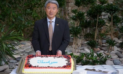 Hongwei Xin was recognized for his many years of service with the Egg Industry Center (EIC) and Iowa State University at the 2019 EIC Issues Forum in Kansas City. (Egg Industry Center | Lesa Vold)