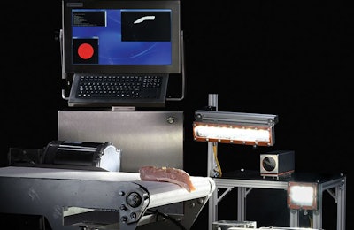Once a woody breast filet is identified the device marks it red and signals a sorting device to separate it from normal breast meat. (Courtesy Gerald Heitschmidt, U.S. Department of Agriculture)