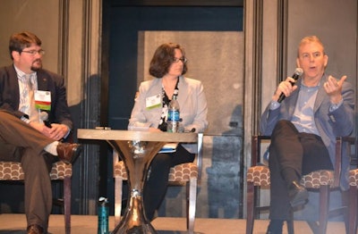 David Guilhaus, Publix; Judy Panayos, Sodexo; and Mark Smith, Centralized Supply Chain Services, all agreed at the 2019 Animal Agriculture Alliance Stakeholders Summit that more input from farmers can only help those who make supply chain decisions for companies that sell or serve meat and poultry. (Roy Graber)