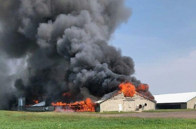 A barn at Shaggy Apple Farms near Lattasburg, Ohio, was destroyed by a fire on September 13. The farm was a contract grower for Case Farms. (New Pittsburg Fire & Rescue Association)