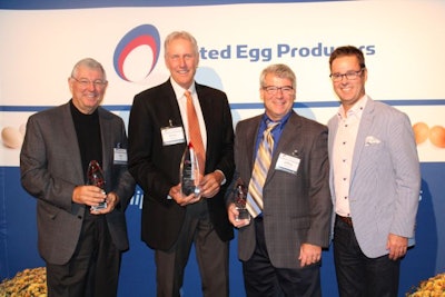 Egg industry leaders, from left, Brian Barrett of Bryan, Texas; Des Yawn of Atlanta, Georgia; and Jeffrey Goward of Peoria, Arizona were recognized at UEP’s awards dinner on October 16, 2019. They are pictured with UEP President and CEO Chad Gregory, right. (UEP)