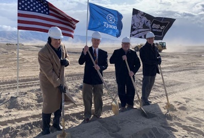 From left, Val Hale, executive director of the Utah Governor's Office of Economic Development; Eagle Mountain City Mayor Tom Westmoreland; Steve Stouffer, president of Tyson Fresh Meats; and Nate Hodne, Tyson senior vice president of Portioned Protein Innovations, break ground on Tyson's future facility in Eagle Mountain City, Utah. (Tyson Foods)