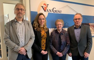 From left, Cor van de Ven and Lotte van de Ven, both of Vencomatic, and Teus van Gent and Netty van Gent, both of Van Gent Laying Nests, celebrate the consolidation of the two companies. (Vencomatic Group)