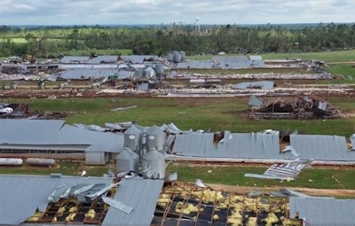 Growers in Mississippi’s poultry industry sustained heavy losses from storms that ripped through the state Easter afternoon and evening. These poultry houses near Soso in Jones County, Mississippi, were destroyed by tornado April 12, 2020. (WXChasing)
