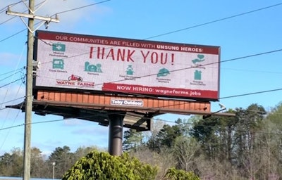 Wayne Farms recently held a drive-through chicken sale in Albertville, Alabama. Following the sale, the company posted a billboard to thank local businesses for their community support amid the COVID-19 pandemic. (Wayne Farms)