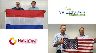 Jonathan Huisinga and Rick Huisinga, of Willmar Poultry, upper left, and Joost ter Heerdt and Tjitze Meter of HatchTech, lower right, celebrate a distribution partnership partnership reached between the two companies. (HatchTech)
