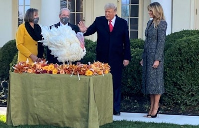 Susie Kardel, Ron Kardel and First Lady Melania Trump look on as President Donald Trump pardons Corn, the 2020 National Thanksgiving Turkey. (National Turkey Federation)