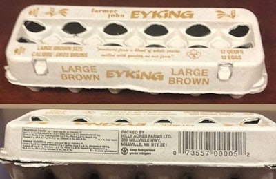 Eggs carrying the Farmer John Eyking label have been recalled in Newfoundland and Labrador over Salmonella concerns. (Canadian Food Inspection Agency)