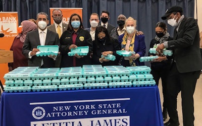 New York Attorney General Letitia James (front row, second from right) and other politicians made a campaign event of a settlement in a case in which James accused Hillandale Farms of gouging the price of eggs. (Letitia James | Twitter)