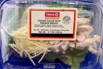 A recall of Tyson Foods chicken was expanded to include products like Circle K Caesar Salad with Chicken Breast, because the recalled chicken was used in the Circle K products. (FSIS)