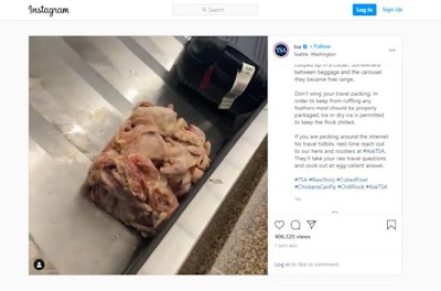 A block of raw, unpackaged poultry was found on the baggage carousel at an airport in Seattle. The Transportation Security Administration (TSA) went on Instagram to teach a lesson and have a little fun at the same time. (Screenshot from Instagram)