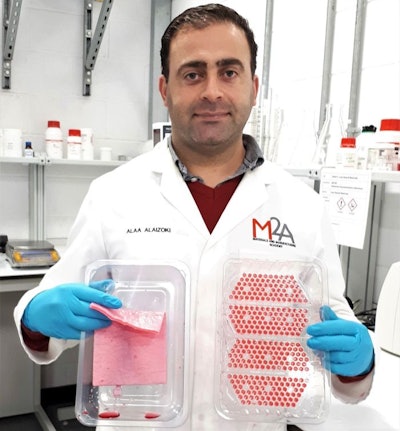 Alaa Alaizoki displays a poultry tray with an absorbent pad next to a new tray he developed that eliminates the need for those pads. (Courtesy Swansea University)