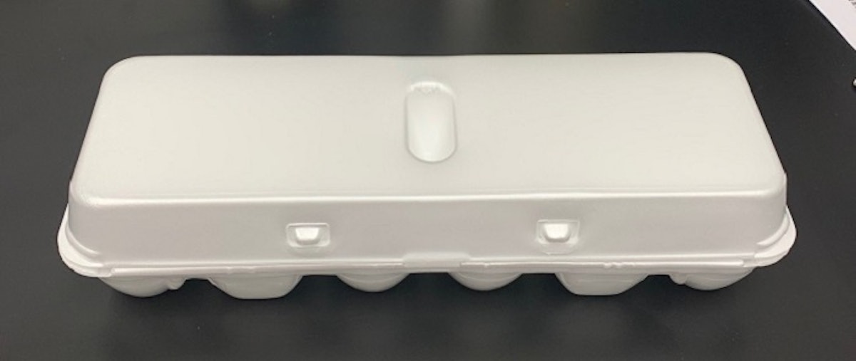 Polystyrene foam tray containing 25% recycled content