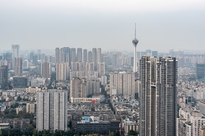 Chengdu, Sichuan province, China - Nov 7, 2020 : Chengdu downtown skyline aerial view in daylight