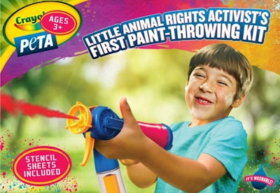 PETA promoted a paint-throwing kit for kids as an April Fools' Day prank, but Crayola has been silent on the issue. (Screenshot for PETA.org)