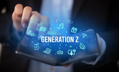 Businessman holding a foldable smartphone with GENERATION Z inscription, social media concept