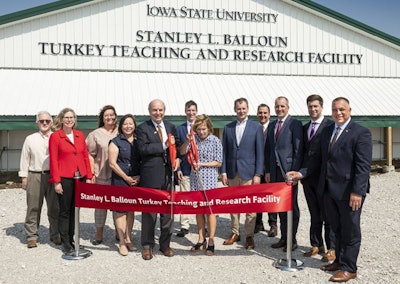 A ribbon cutting took place May 9 at the new Stanley L. Balloun Turkey Teaching and Research Facility along 520th Avenue south of Ames. Jim and Julie Balloun, son and daughter-in-law of Stanley L. Balloun, had the honor of cutting the ribbon. (Courtesy Iowa State University)