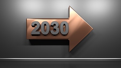 2030 copper arrow at satin black wall - 3D rendering illustration