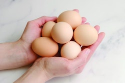 Woman holds large chicken eggs in her palms. Farm chicken eggs produced in our own chicken coop. Diet fresh product.