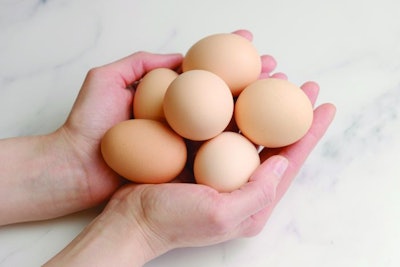 Woman holds large chicken eggs in her palms. Farm chicken eggs produced in our own chicken coop. Diet fresh product.
