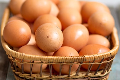 Brown farmers cage-free chicken eggs in basket, close up