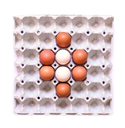 Eggs in paper tray isolated on white background