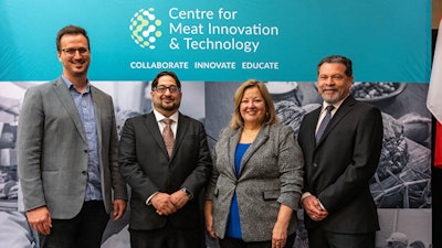 L-R: MPO President Kevin Schinkel, MPO executive director Franco Naccarato, Minister of Agriculture, Food and Rural Affairs Lisa Thompson, CMIT director Luis Garcia (Meat and Poultry Ontario)