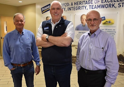 Pictured from left are Perdue Farms Chairman Jim Perdue, CEO-elect Kevin McAdams and retiring CEO Randy Day. (Courtesy Perdue Farms)