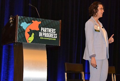 Danielle Cummings, senior intelligence analyst, Aimpoint Research, speaks during the 2023 Animal Agriculture Alliance Stakeholders Summit. (Roy Graber)