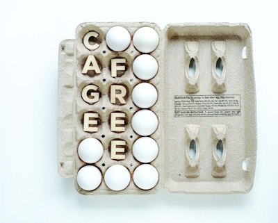 Paper egg carton with white eggs and conceptual word, CAGE FREE, isolated on white background.